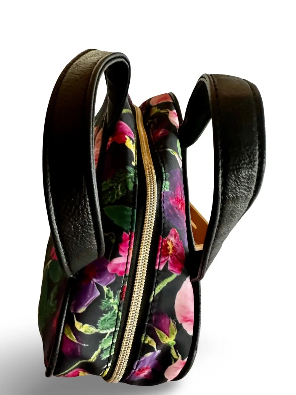 BETSEY JOHNSON Black Floral Cosmetic Bag with Pink and Red Blooms